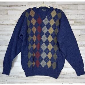 VINTAGE Burberrys Men’s L Blue Argyle 100% Wool Sweater Made Scotland 80s Preppy